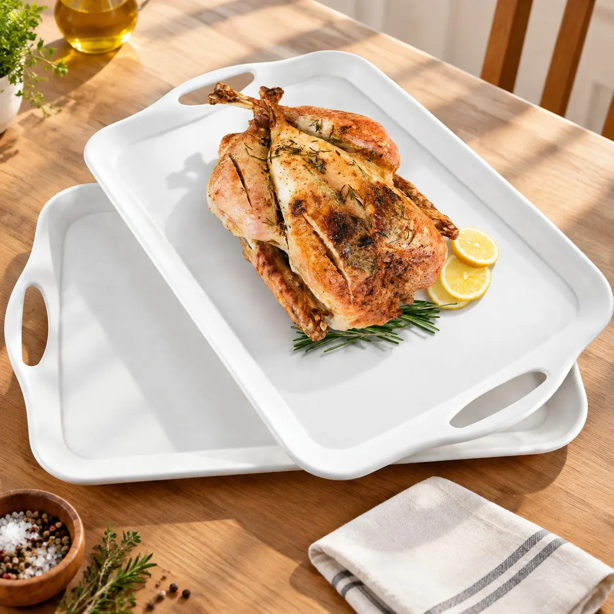 Extra Large Serving Tray with Handles, 20x13 inch, Set of 2 Melamine Platters for Food, Turkey, Cookies, Rectangular Trays, Raised Dots Matte Finish, Dishwasher Safe, White