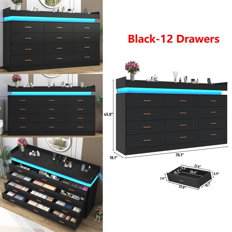 Dresser with LED Light, Modern Chest of Drawers for Closet, Wide Drawer Organizer Cabinet for Bedroom, Living Room, Entryway, Hallway, White/Black