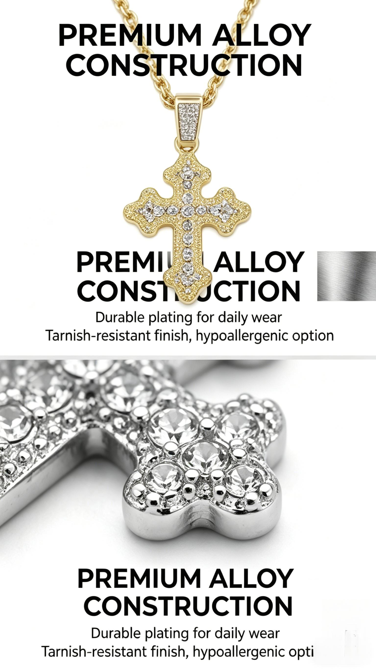 24" Iced Cross Necklace for Men, Hypoallergenic Alloy with Tarnish-Resistant Finish