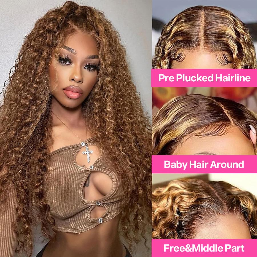 Pizazz Hair Water Wave 4/27 Highlight 13x4 HD Transparent Lace Front Wigs Ombre Human Hair Wet and Wavy Curly Lace Frontal Wigs Pre Plucked with Baby Hair 180% Density
