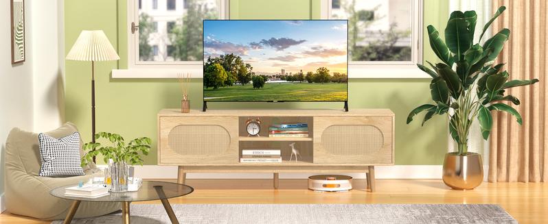【Springtok】VOWNER Modern Rattan TV Stand for 55/60/65 inch TV with Natural Rattan Door and Shelves,Entertainment Center,Media Console Table for Living Room Organizing Storage Furniture