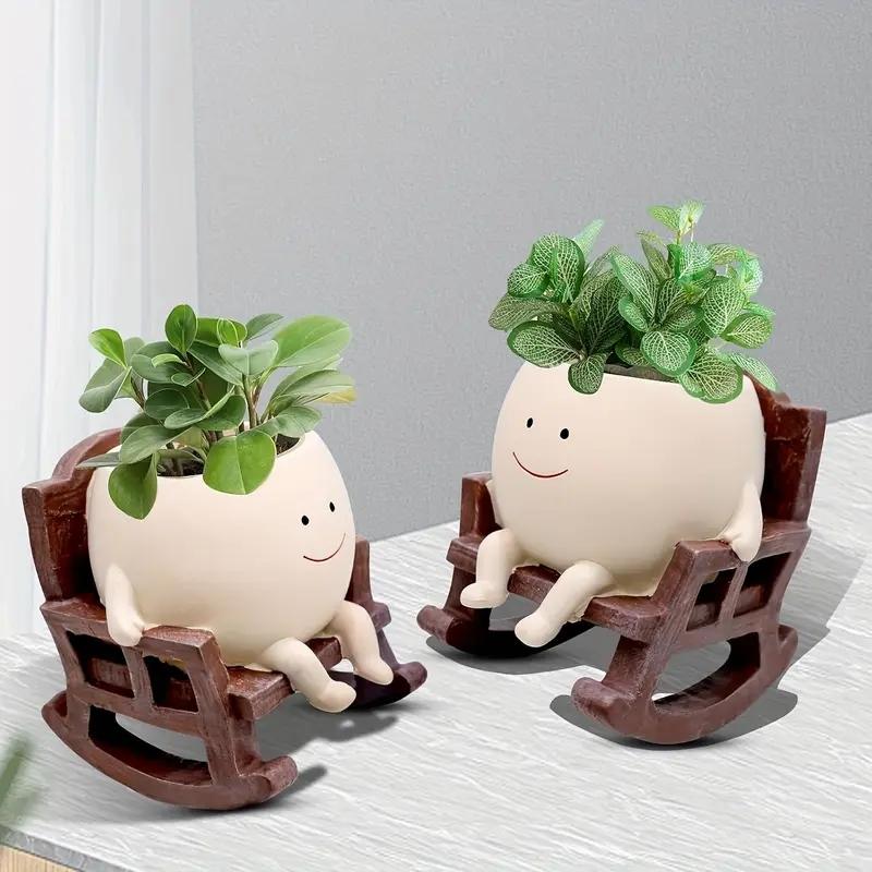 Cute Cartoon Design Resin Flower Vase, Chair Shape Decorative Planter with Drainage Hole, Home Office Desk Plant Holder, Home Decor Pots, Modern Home Decoration