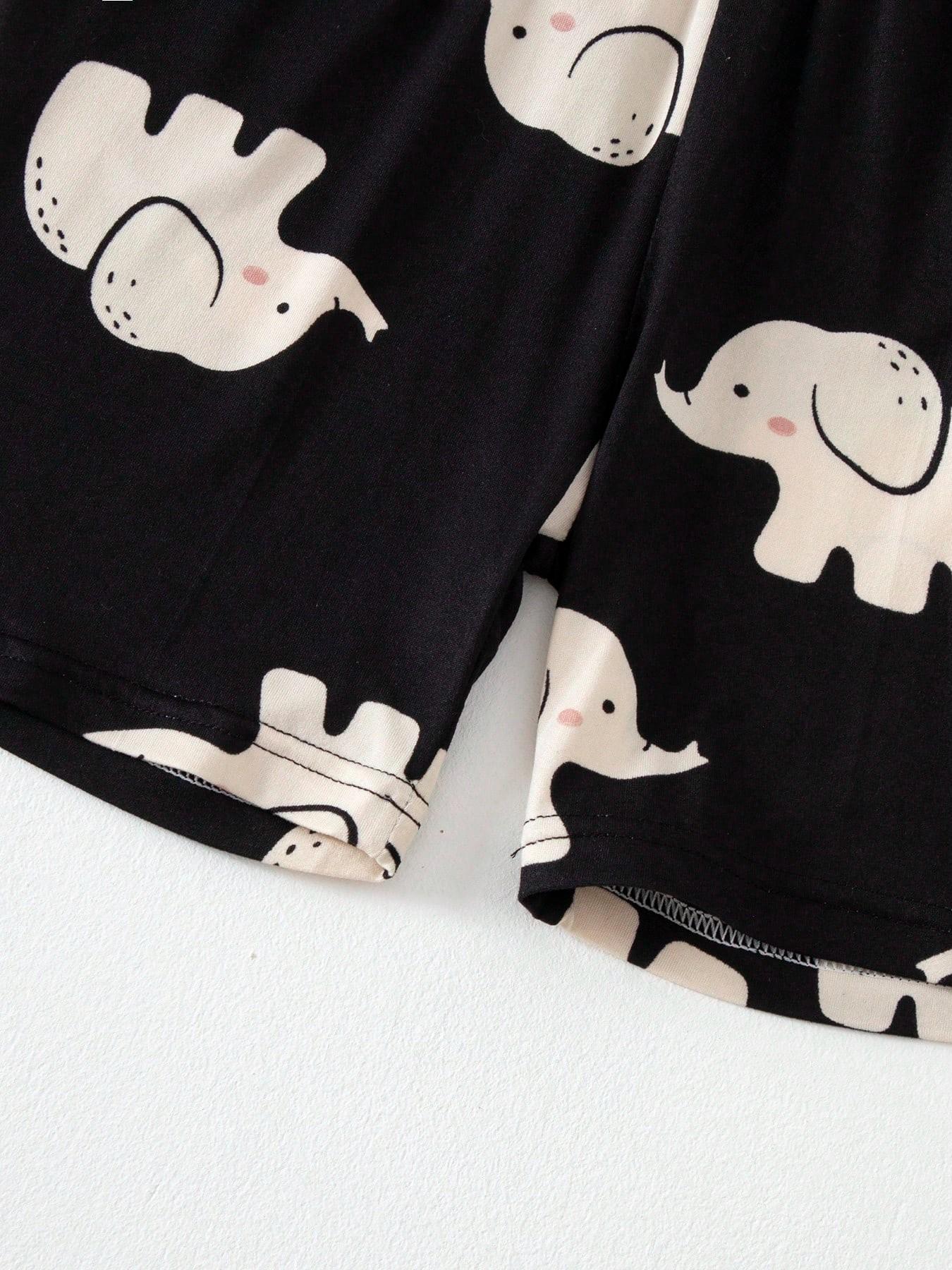 Boys' 2-Piece Home Wear Set, Short Sleeve Elephant Print Pajamas, Lightweight Casual for Spring & Fall, Ideal for Daily Wear & Outdoor Activities