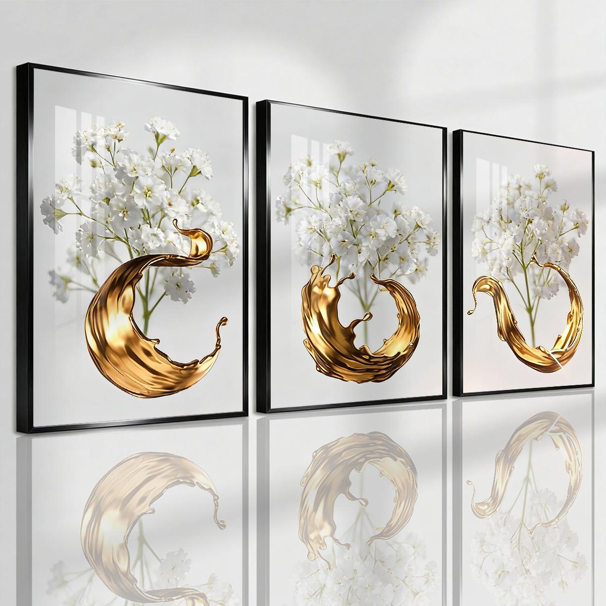 3 Counts Aluminum Alloy Framed Painting, White Flowers With Golden Liquid Art Pictures, Home Decoration For Living Room, Bedroom, Office, Restaurant, Hallway Wall Decor, Odorless Print Artwork, Luxury Perfect Gift For Friends And Family
