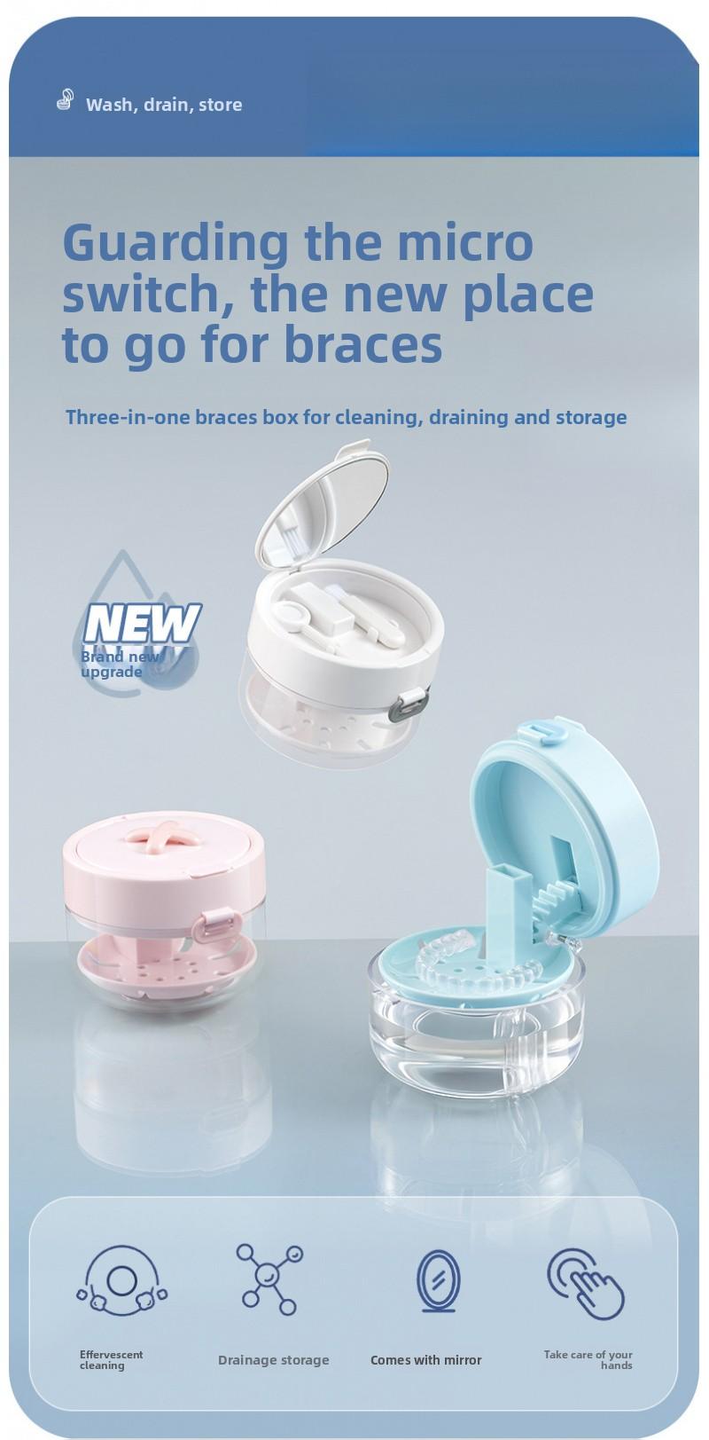 3-in-1 Dental Care System ABS Oral Retainer Case - Lightweight Compact Bathroom Tumbler with Top Handle, Mirror, Cleaning Brush, Auto-Rising Aligner Bath, Strainer Basket for Easy Rinsing, Travel & Daily Use (Dental Accessories)