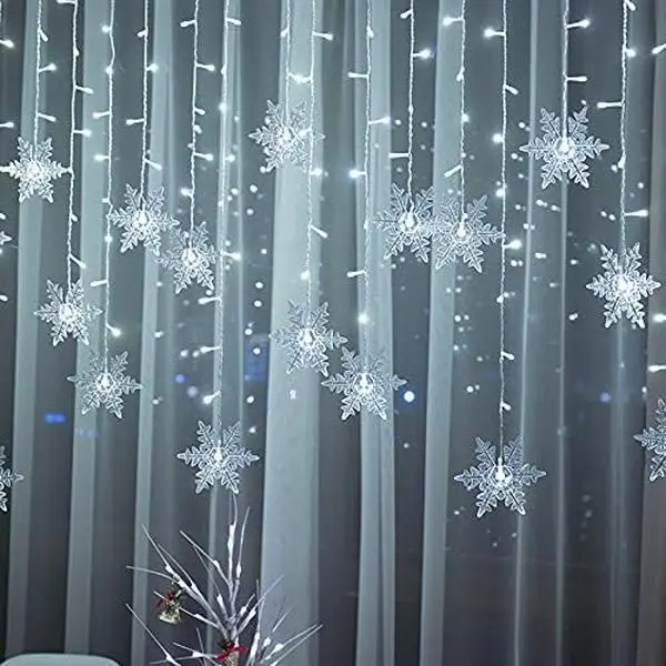 Snowflake LED Curtain Lights, Plug-in 19Ft/6M 96 LEDs Fairy String Lights | 8 Lighting Modes, Indoor & Outdoor , Ideal Decor for Christmas, Bedroom, Wedding and Holiday Parties (White)