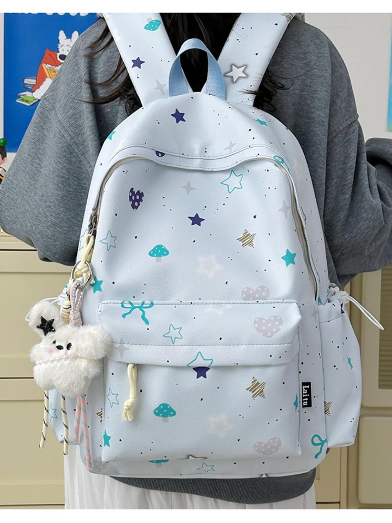 Cute Star Heart Print Backpack for Women, Fresh Casual Large Capacity Student Bag, Lightweight Nylon Travel Backpack