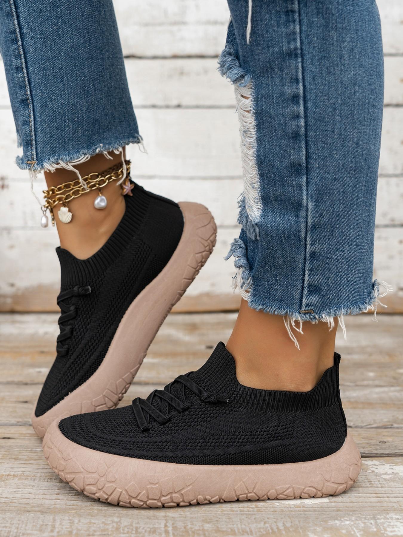 Women's Breathable Flyknit Casual Dad Shoes, Casual Trainer Footwear, Round Toe Flatform Sneakers, Wide Fit PVC Sole, All-Season Comfort for Daily Wear