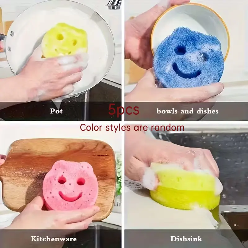 5-Pack Smiley Face Cleaning Sponges, Thick High-Density Scrubbing Sponges, Soft Durable Multi-Use Kitchen Bathroom Cleaners, Strong Stain Removal, Dishwashing Sponge