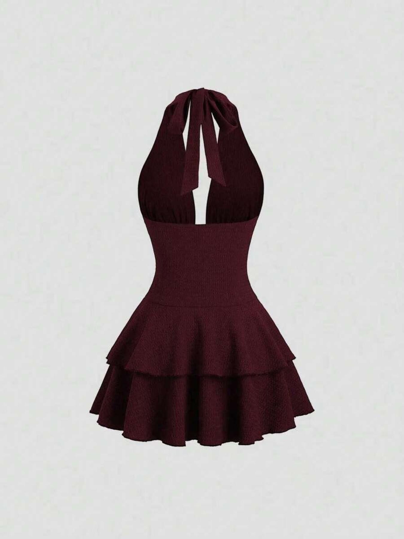 Elegant Metal Detail Tiered Hem Halter Neck Dress, Short Party Dress, Perfect for Women, Stylish Evening Wear, Ruched Trendy Choice