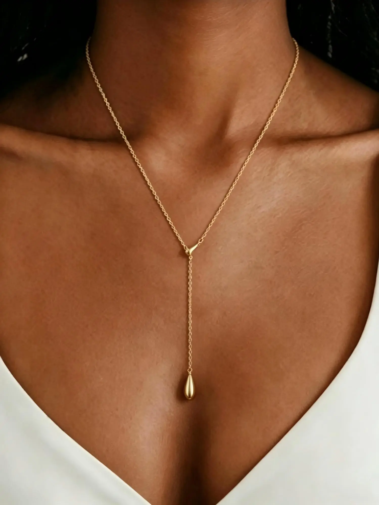 1pc Double Waterdrop Pendant Y Shape Lariat Necklace, Gold Plated Titanium Steel Fashion Accessories for Women, Casual Trendy Jewelry Gift, Ideal for Daily Wear, Date Night, Birthdays & Wedding Parties, Viral Minimalist Elegant Statement Jewelry