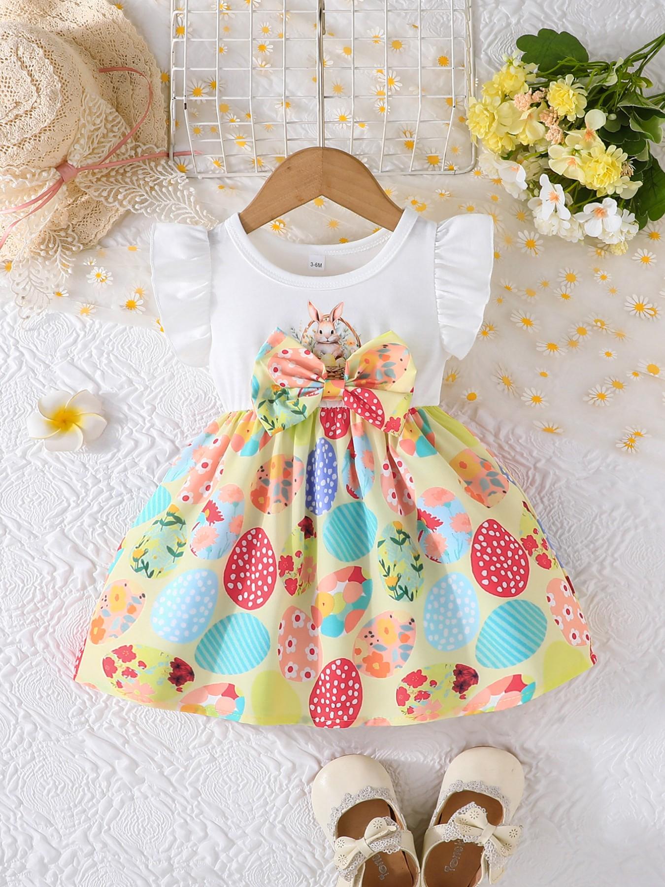 Super Cute Easter Dress for Baby Girls 🌸 Ruffled Sleeve Toddler Outfit with Bunny & Egg Prints | Adorable Summer Baby Clothes Exclusively for Little Princesses