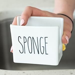 Porcelain Sponge Holder for Kitchen Sink, Compact Ceramic Black and White Dish Sponge Caddy for Kitchen Counter Storage Organization and Cute Kitchen Decor