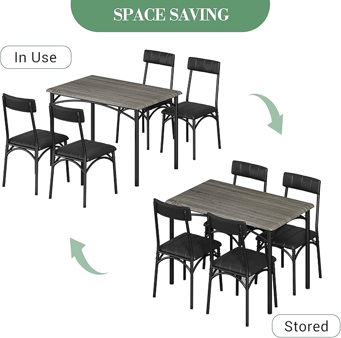 Kitchen Table Set with Chairs, Dining Table Set for 4, Metal and Wood Rectangular Dining Room Table Set with 4 Upholstered Chairs, 5 Piece Dining Set for Small Space, Apartment