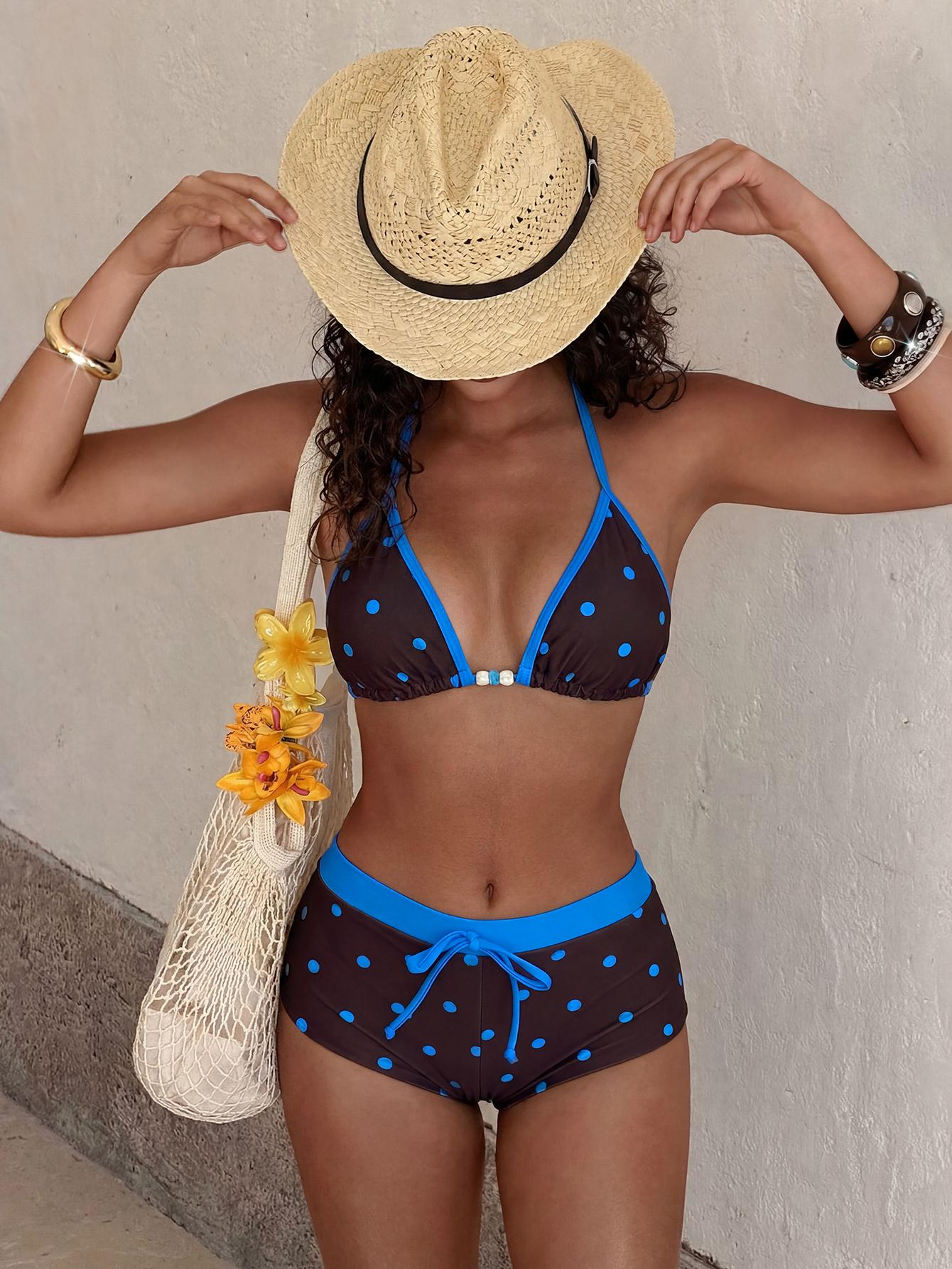 Women's Swimsuit Bikini Set Retro Yellow Polka Dot Print Vintage Color Block Summer Outfit for Beachwear & Vacation Y2k 2000s Streetwear