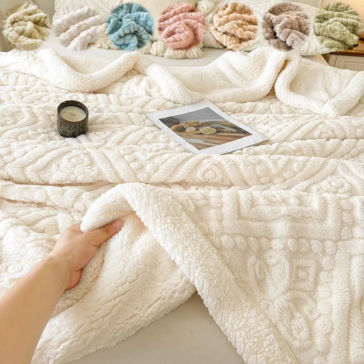 1pc Cream Floral Diamond Sherpa Blanket, Soft Double-Sided Plush Throw, Thick and Warm for Couch Lounging, Bed Layering, Office and Dorm Naps, Christmas Gift
