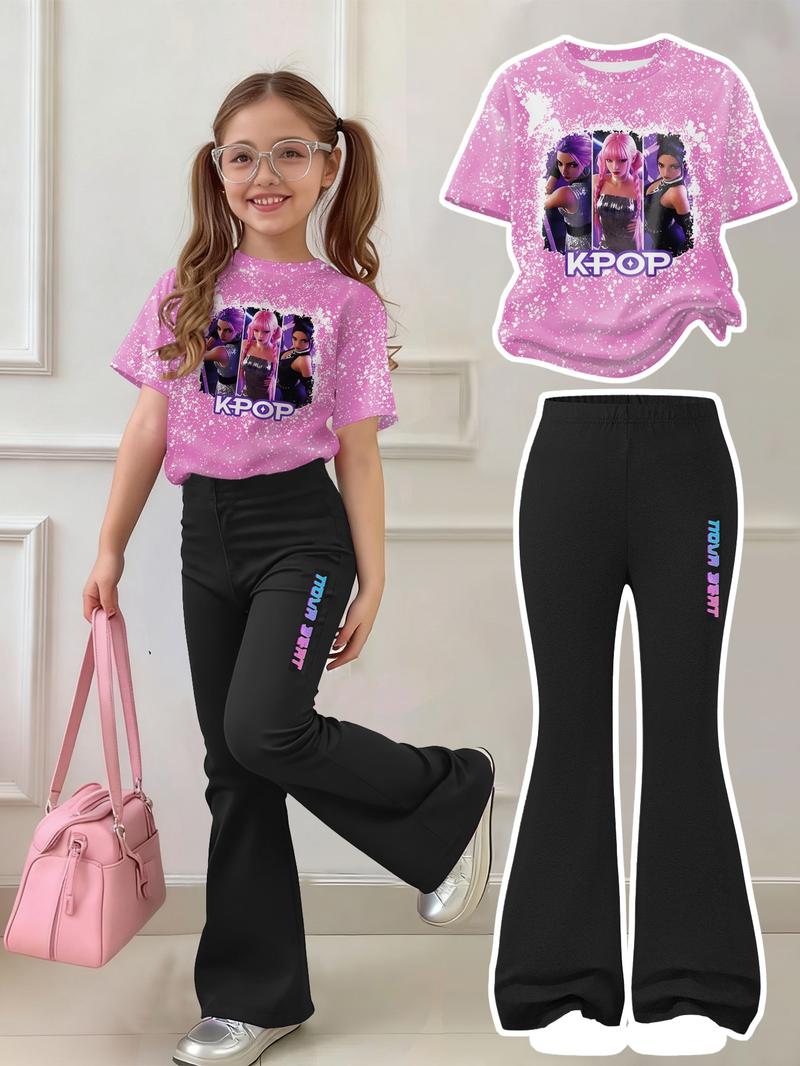 K-Pop Demon Hunters Girl Set, Y2K Sweet Cool Kpop Style, Short Sleeve T-Shirt & Derpy Huntrix Cartoon Pants