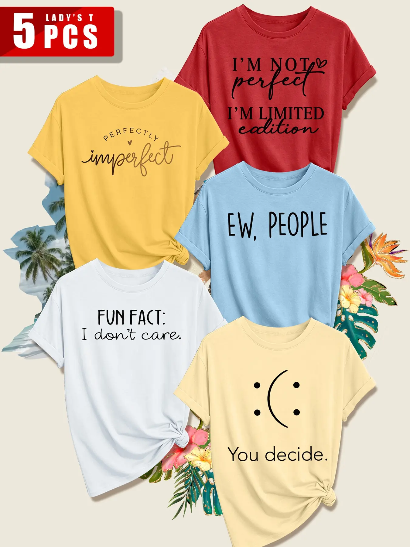5Pcs Ladies Crew Neck Tops, Tarot Witch Wolf Sun Card Print, Multiple Colors, Soft Cozy Fabric, Retro Casual Spring Summer Tees, Daily All-Match, Machine Washable