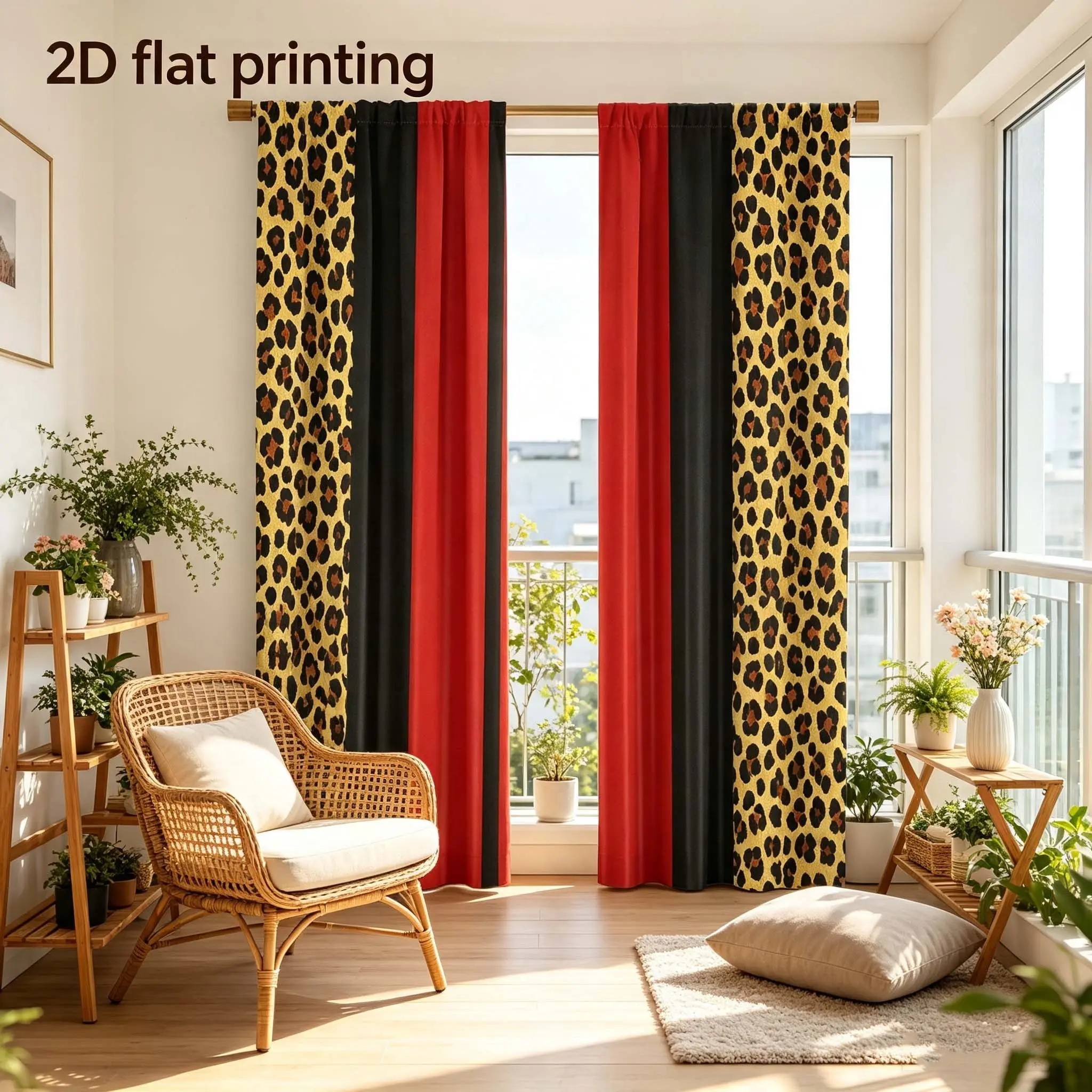 2pcs leopard print splicing red and black contrasting Window Curtains, semi blackout 2D printed bedroom, living room, dining room, study room, atmosphere decoration curtains, modern light luxury partition curtains