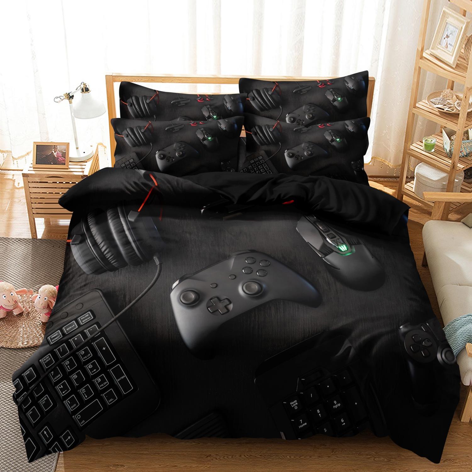 Video Game Controller Mouse Keyboard Headphone Pattern - Modern Fashionable Cool Gamepad Print - Boys Youth Gaming Equipment Bedding Set - 3pcs Duvet Cover Set (1Duvet cover+2Pillowcase ，No quilt)
