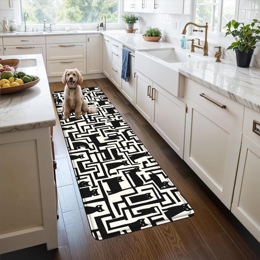 1PC， Black and White Geometric Maze Pattern strip rugs, home décor, bathroom mats, entryway mats, bathroom non-slip mats, indoor entrance rugs, bedroom bedside mats, kitchen mats, hallway rugs, flannel sponge rugs, hallway runner rugs