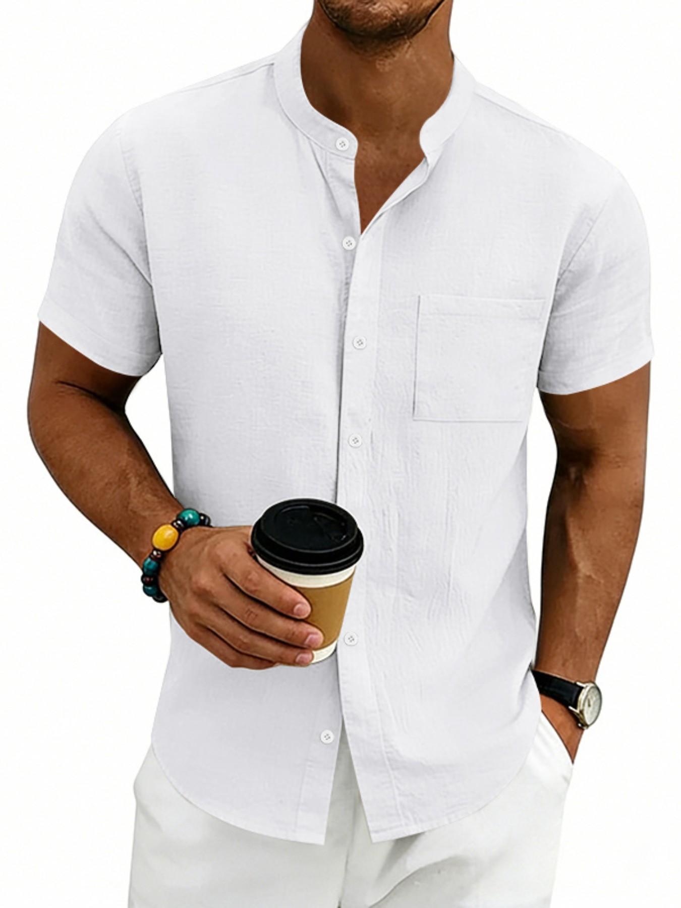 American Summer Linen Casual Men's Hawaiian Shirt, Simple Retro Stand Collar Short Sleeve, Comfortable and Stylish Summer Wear