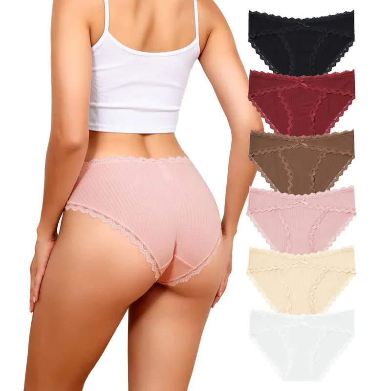 LEVAO Women's Cotton Underwear - 6-Pack Low-Rise Bikini Panties for Women, Breathable Elegant Contrast Lace, Elastic Wavy Sides, Invisible Lightweight Fit, S-XXL (Ideal for Family Gifting)