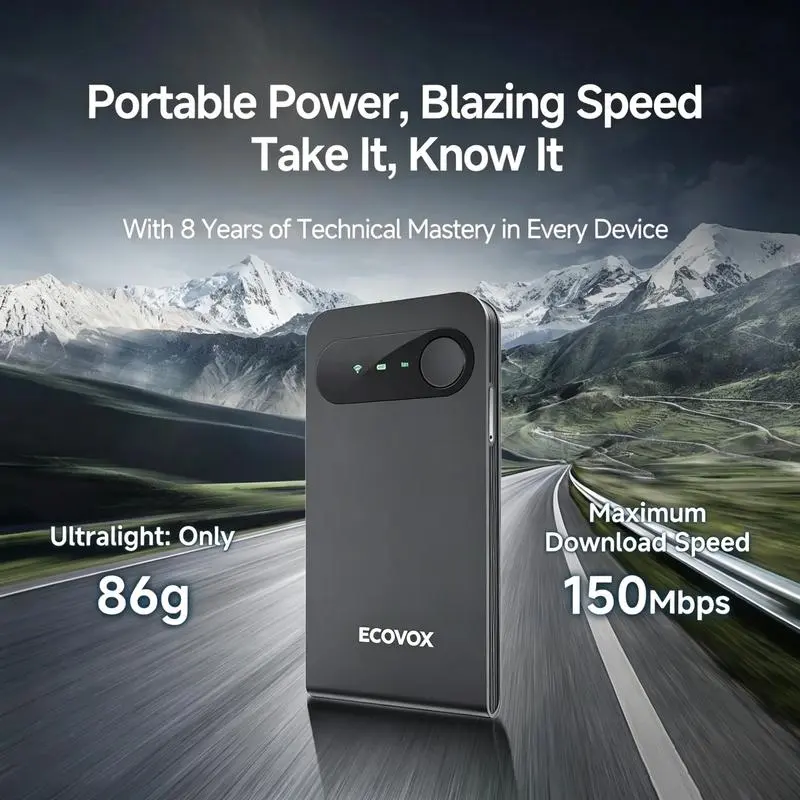 ECOVOX Pocket 4G Global WiFi Hotspot, Built-in Data No Physical SIM Required, Up to 150Mbps High Speed, Portable Wireless Travel Internet Router Supports Multi-Devices for Trips, Camping & Live Streaming
