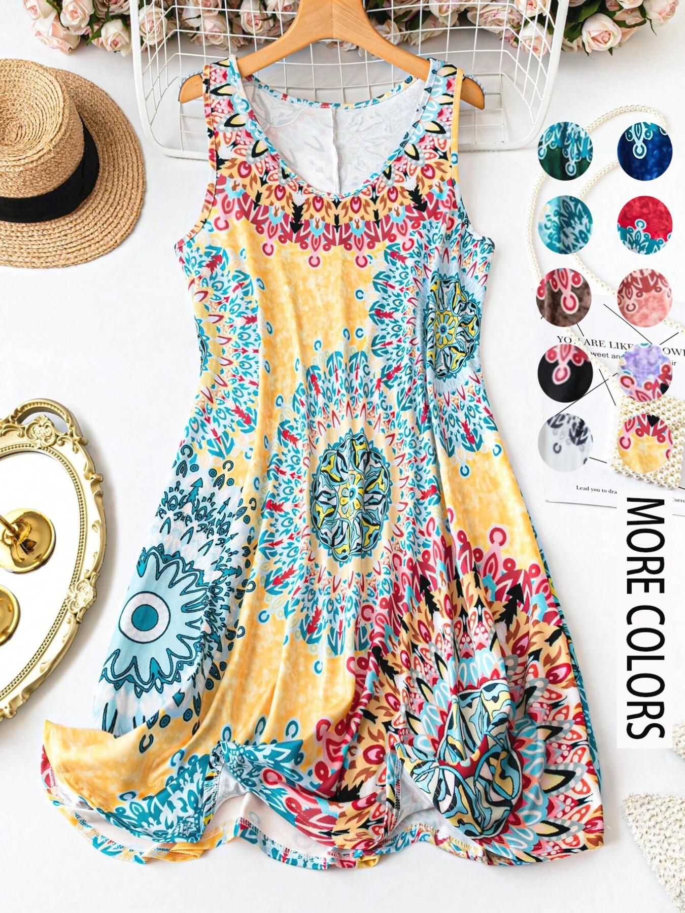 Women's Plus Size All Over Print Tank Dress. Casual Basic Sleeveless Dress. Comfortable and Stylish. Perfect for Vacation and Home Use. Boho. Bohemian