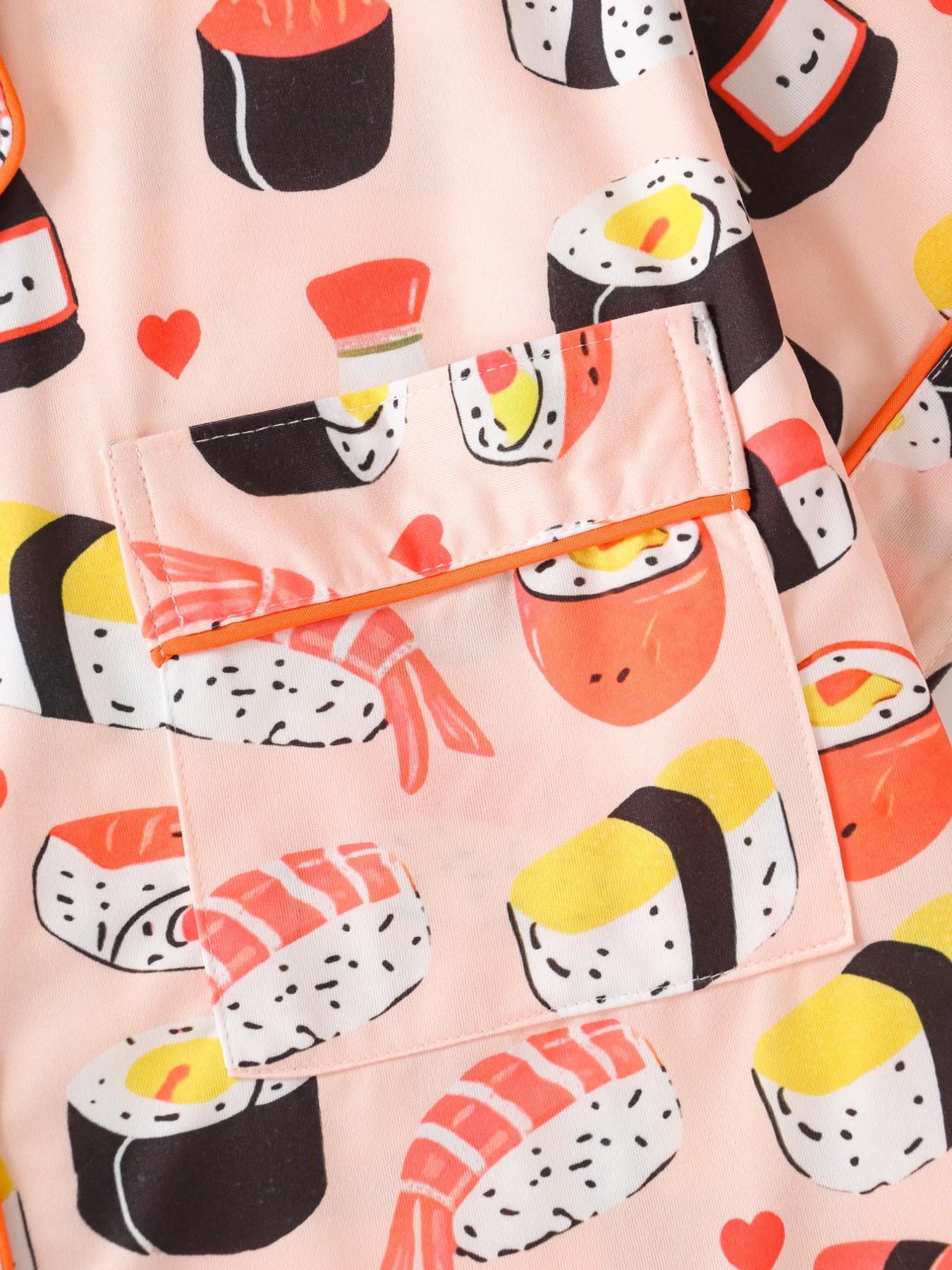 Women's Sushi Full Print Pajama Set, Collared Button Short Sleeve Top and Loose Comfortable Shorts, Fun Sweet Sleepwear Set