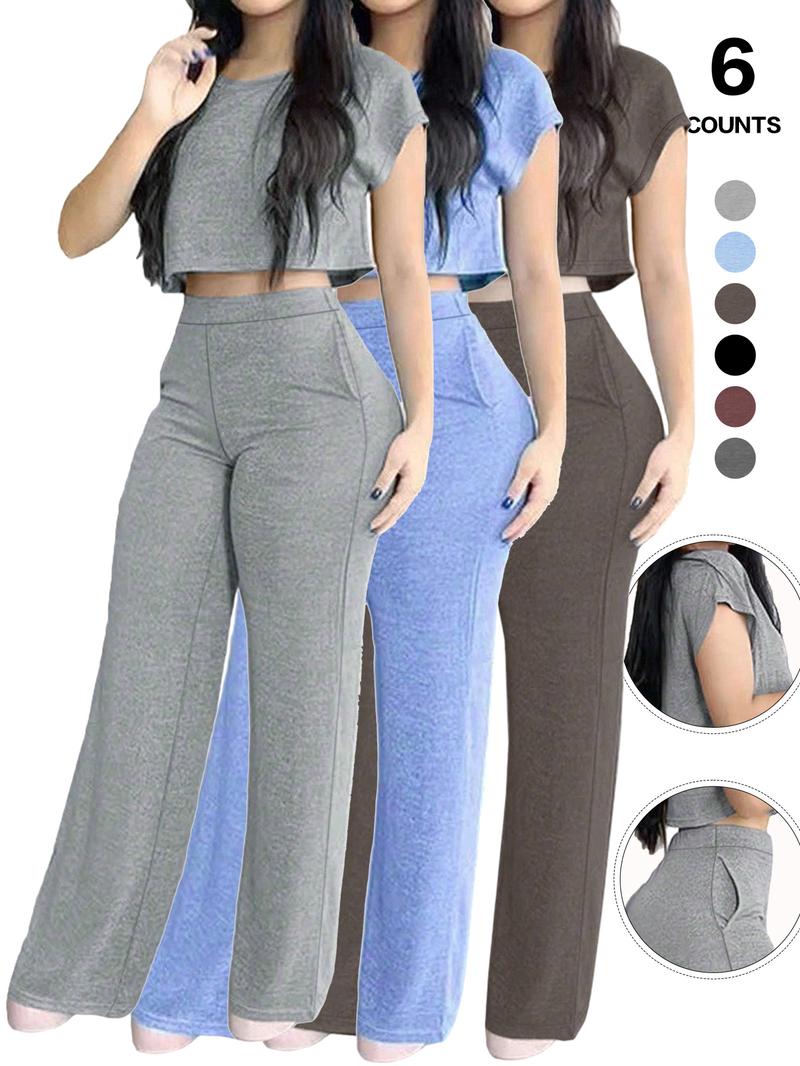 Women's Casual Elegant Solid-Color Suit Set, Short Top & High-Waisted Pants with Pockets, Comfortable Sporty Two-Piece