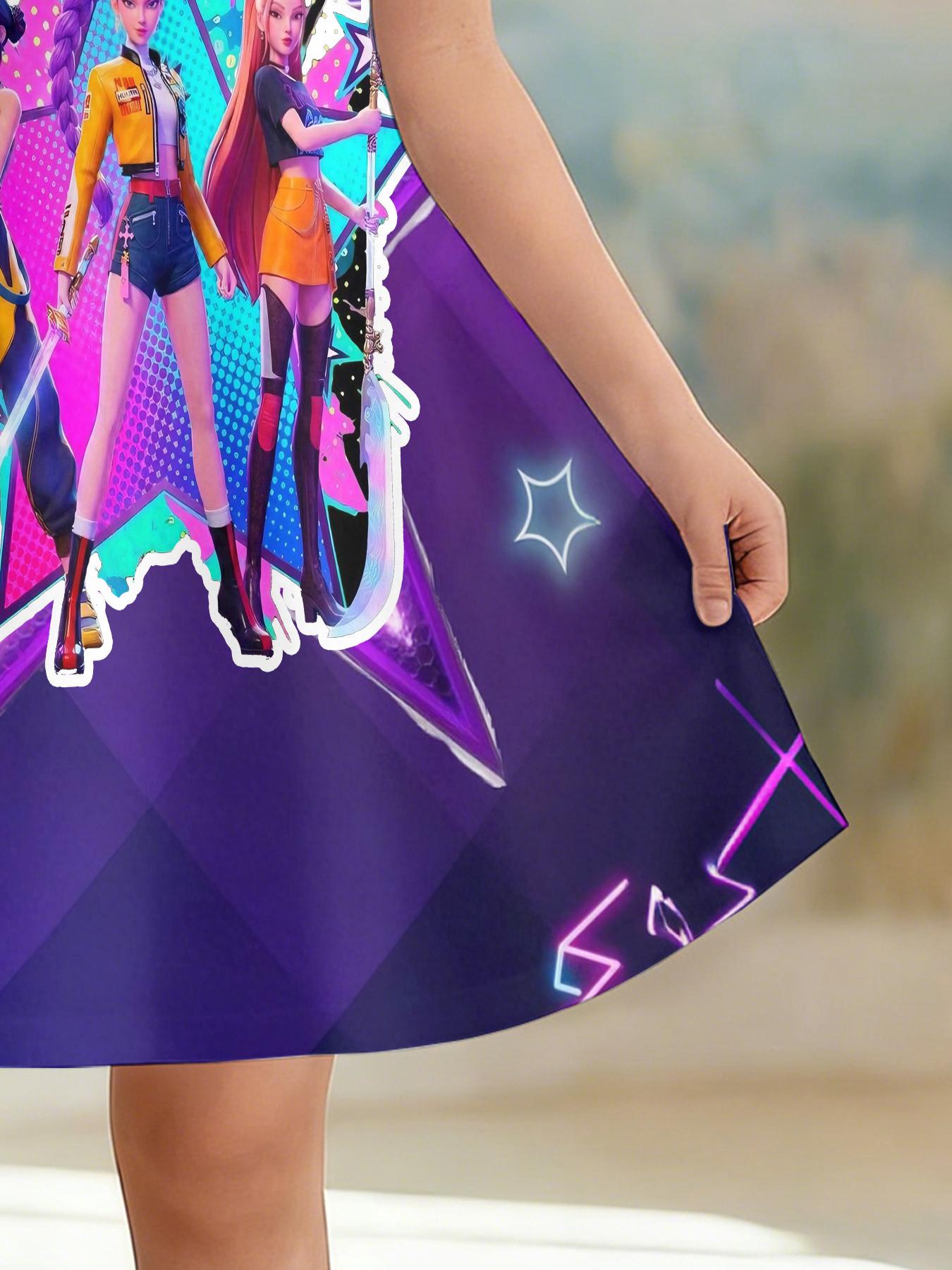 Girls' 3D Short Sleeve Dress, K-Pop Demon Hunters Neon Stage Print, Summer Party Wear, Perfect for Gifts and Birthdays