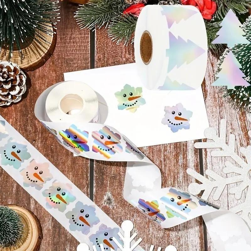1 Roll/500pcs Rainbow Snowflake Stickers, Holographic Christmas Winter Decor, Snowman Tree Clouds, Party Card Making Material