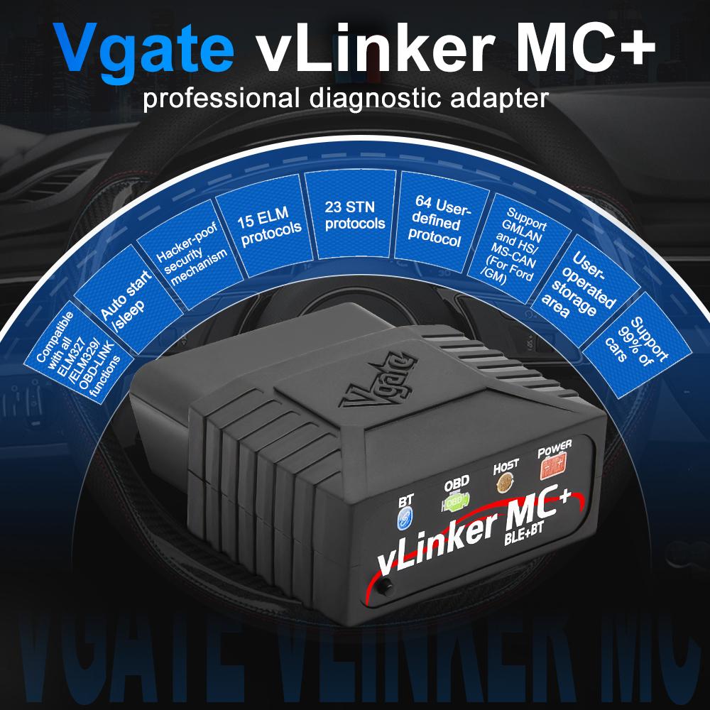 Vgate vLinker MC+ Bluetooth OBD2 Car Diagnostic Scan Tool for iOS, Android, Windows Vgate vLinker MC+ Bluetooth OBD2 Car Diagnostic Scan Tool for iOS, Android, Windows