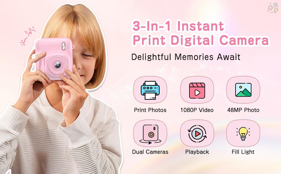 CAMKORY Kids Digital Camera, Dual-Lens Instant Print Camera, 48MP Selfie Camcorder with Lanyard | 4 Rolls Print Paper | 32GB Card | Safe & Eco-Friendly Design | Perfect Birthday Christmas Toddler Toy Camera for Kids Ages 4-10, Boys & Girls Pink