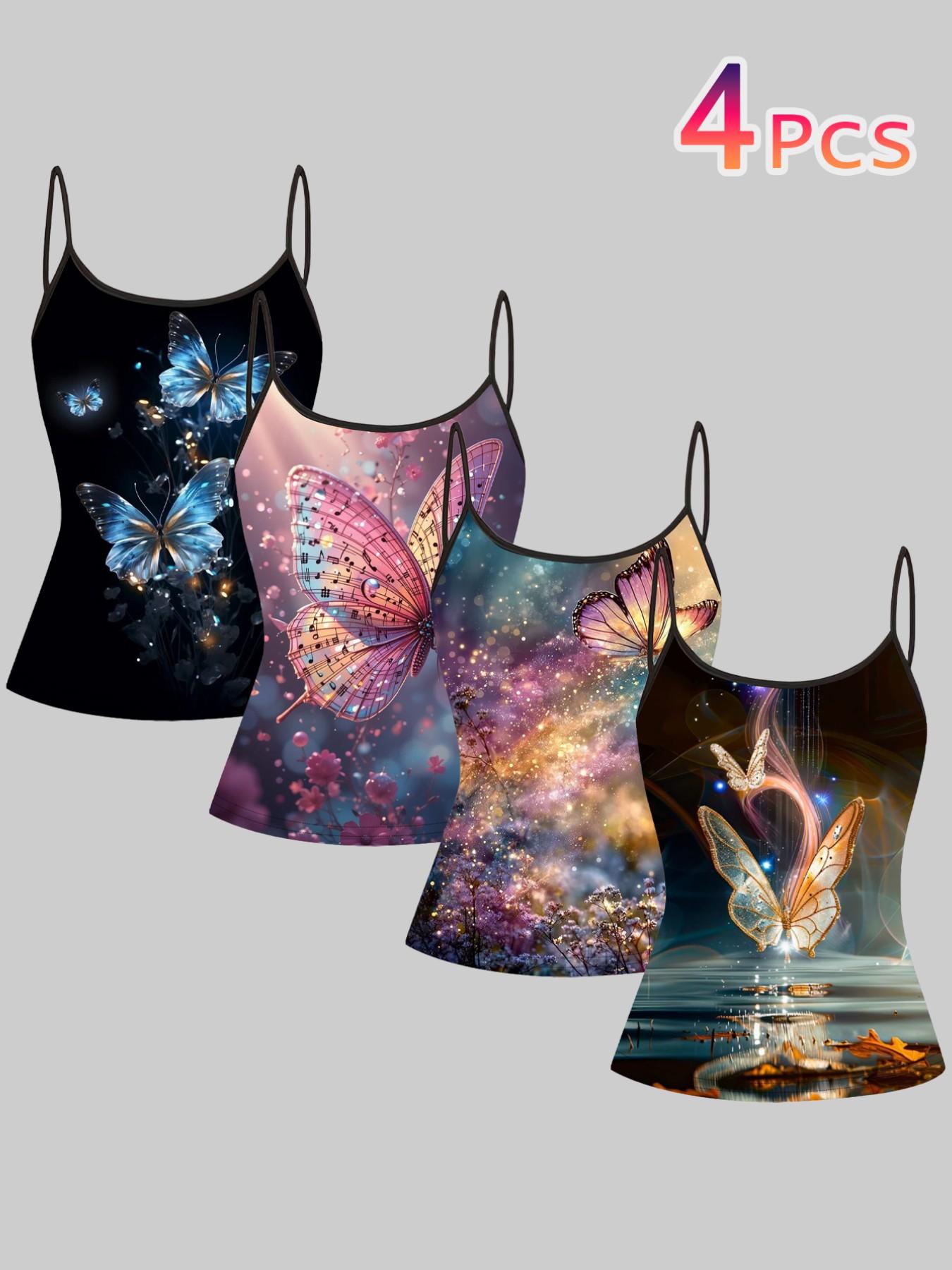 Dreamy Butterfly Note Print Straps, Summer Home Sleepwear Outer Wear, Unique Slim-Fitting Top, Four-Piece Set, Casual Style