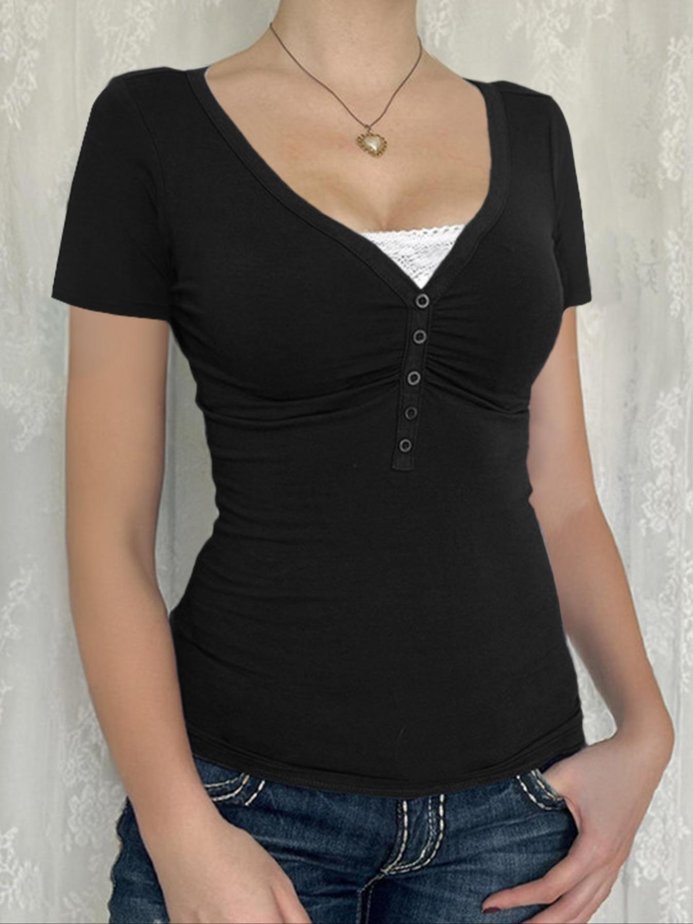 Spring Summer Y2K Style Sweet Spicy Solid Color Fitted Lace Patchwork V-Neck Short Sleeve T-Shirt, Women's Fashion Top