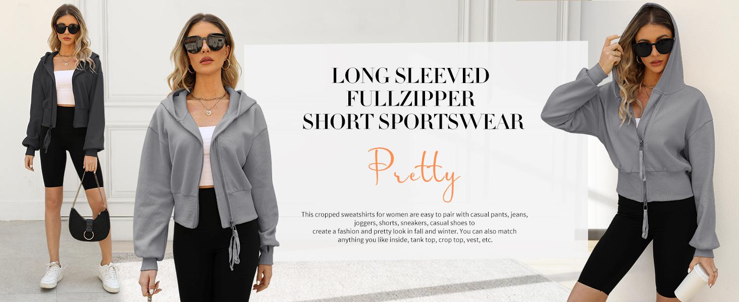 Yimoon Cropped Hoodie Women Zip Up Long Sleeve Sweatshirts Casual Fashion Hooded Workout Jacket Crop Top