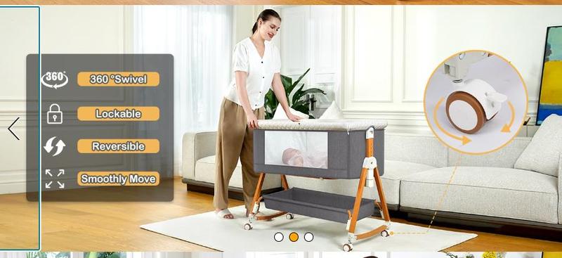 3 in 1 Bassinet Bedside Sleeper, Bedside Crib with Wheels, Mosquito Net, Mattress, 6 Height Adjustable Baby Bed for Infant Newborn (Grey)