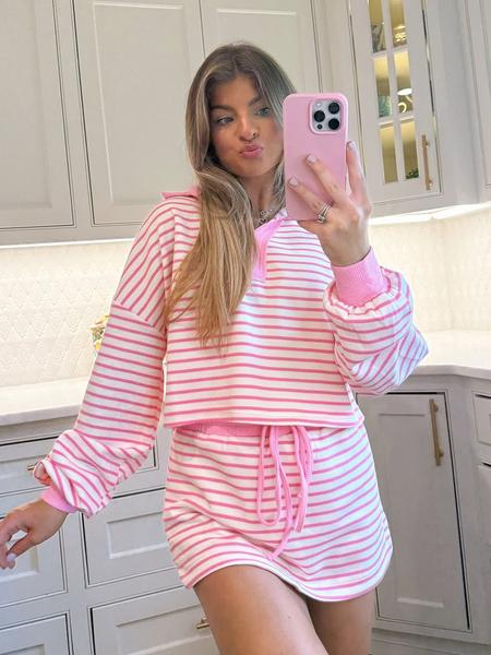 Women's Fashion Casual Striped Knit Top & Drawstring Waist Skirt Set, Loose Fit Home Wear, Comfortable Two-Piece