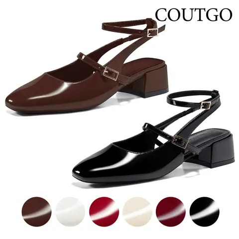 Coutgo Womens Mary Jane Chunky Low Heels Closed Square Toe Ankle Strap Pumps Wedding Party Dress Shoes