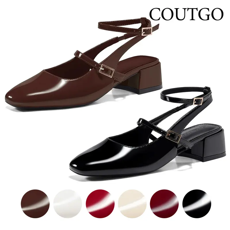 Coutgo Womens Mary Jane Chunky Low Heels Closed Square Toe Ankle Strap Pumps Wedding Party Dress Shoes
