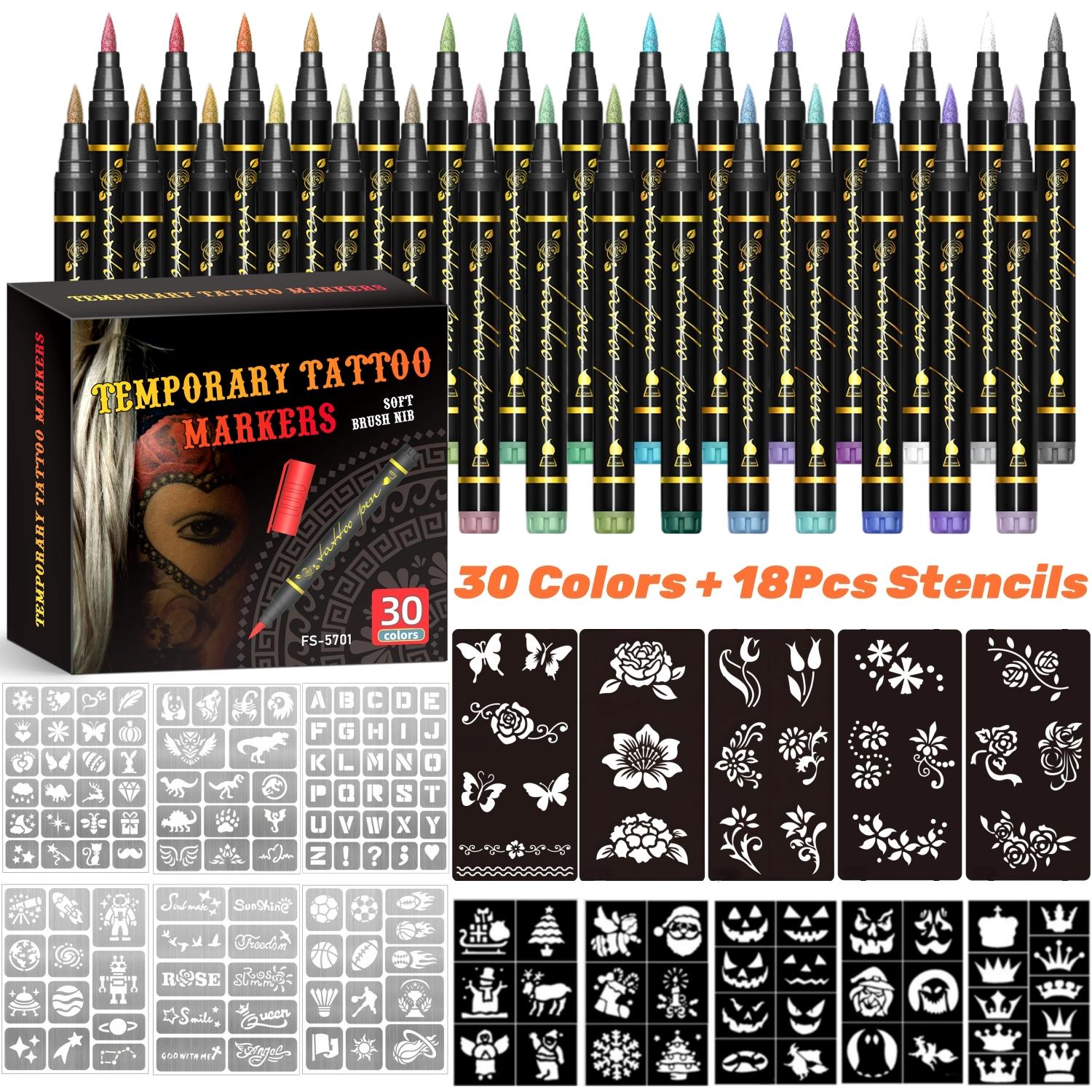 Temporary Tattoo Markers for Skin, 10/15/30-Count Body Markers+ Large Tattoo Stencils, Mehndi Stencils,10/15/30 Colors Tattoo Pens,Flexible Brush Tip, Bright colors, Face Paint Kit Quality,Halloween makeup