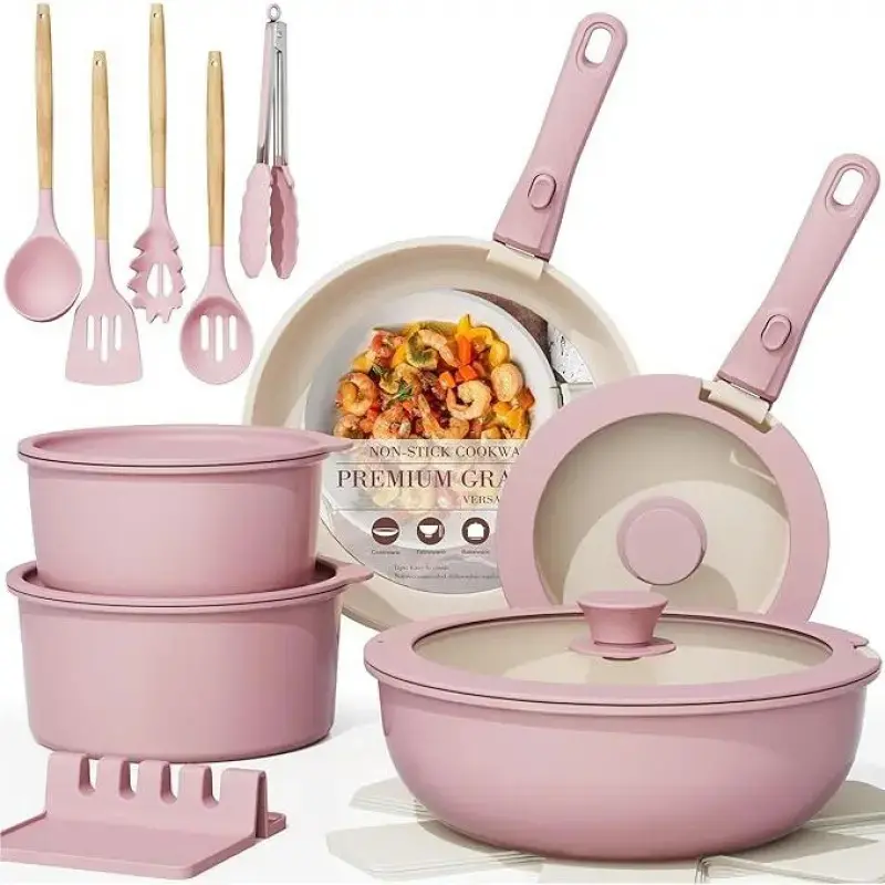 21 Pcs Pots and Pans Set Non Stick, Ceramic Cookware Set Detachable Handle, RV Kitchen Cooking Set Removable Handles, Oven Safe, Induction Ready, Stackable, Pink, Mothers Day Gifts