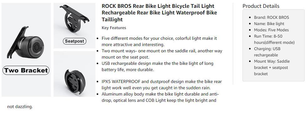 ROCKBROS Bike Tail Light Rear Bike Light Rechargeable Bike Rear Light Waterproof Bike Taillight