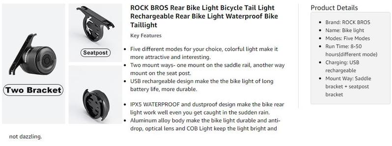 ROCKBROS Bike Tail Light Rear Bike Light Rechargeable Bike Rear Light Waterproof Bike Taillight