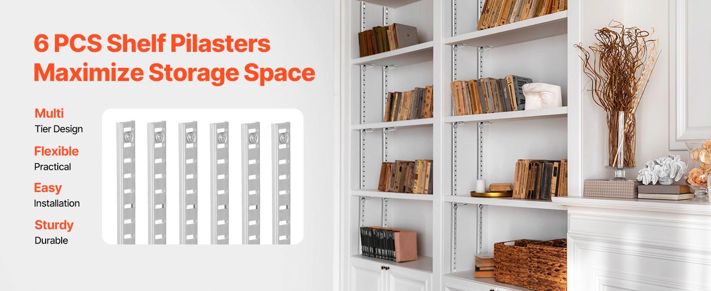 VEVOR Shelf Pilaster, 36.3-inch 6 Pack, Adjustable Shelf Brackets Steel Mortise Mount Pilaster Strip Standards with 24 Screws, Suitable for Wall Shelving System Cabinet Closet Organization