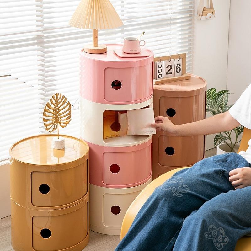 Round bedside table, creative storage cabinet, minimalist drawer storage cabinet, dormitory snack and toy organizer, multi-functional large-capacity easy assembly, ideal for bedrooms, living rooms, and dormitories—essential for small space storage at home
