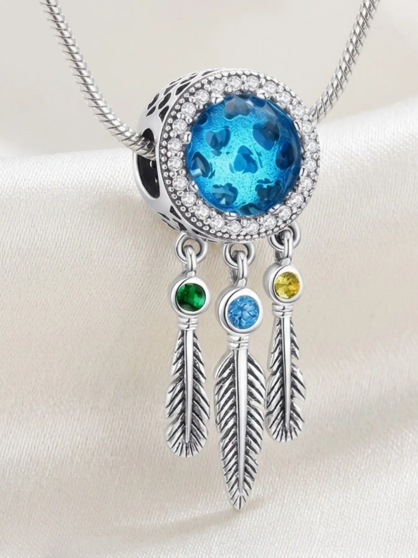 Boho Dreamcatcher Feather Pendant, Vintage Silver Tone Blue Glass Crystal Charm, Perfect for Young Women, Boho Style Lovers, DIY Bracelet Gift