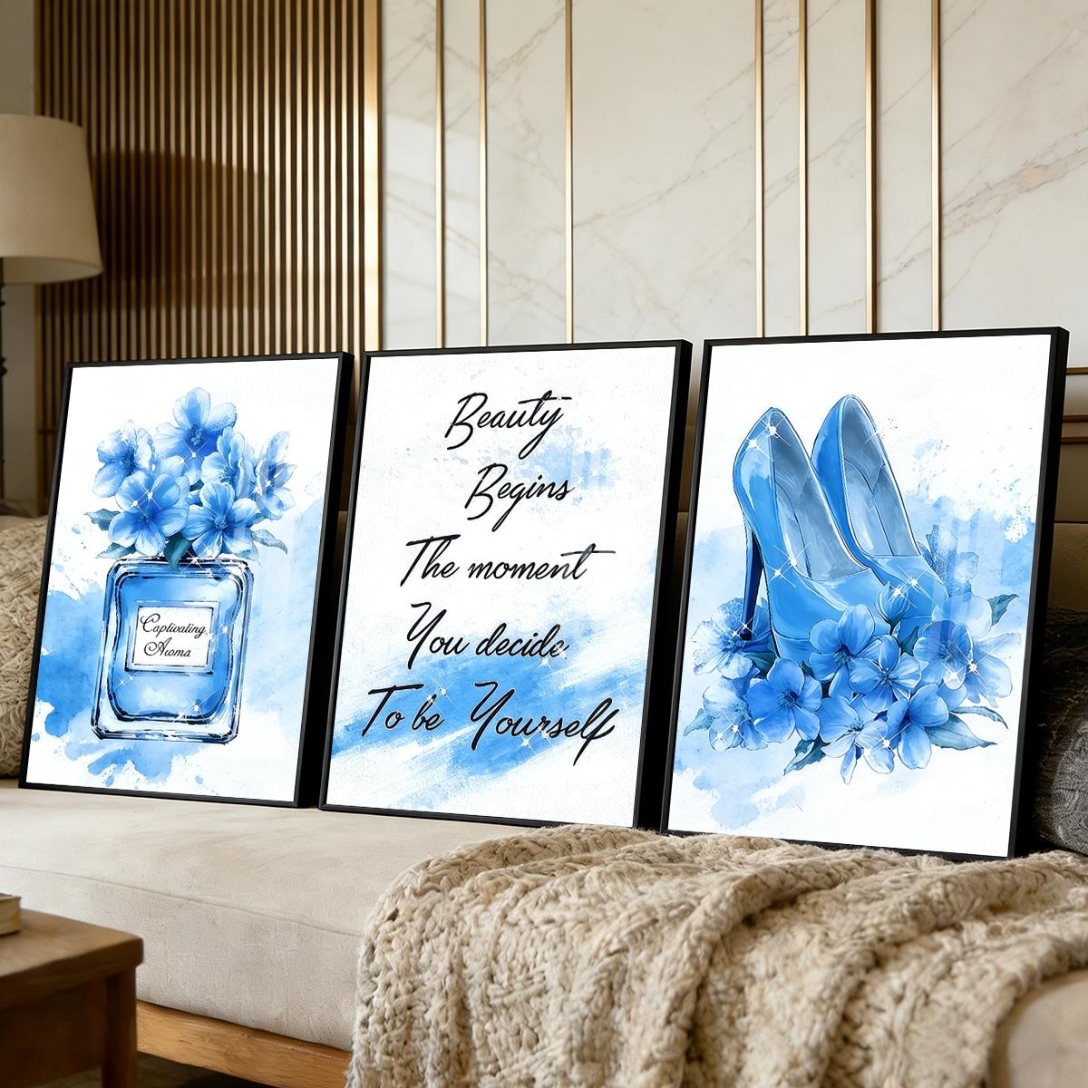 3 Counts Aluminum Alloy Framed Painting, Blue High Heels Perfume And Flowers Illustration, Home Decoration For Living Room, Bedroom, Office, Restaurant, Hallway Wall Decor, Odorless Print Artwork, Luxury Perfect Gift For Friends And Family
